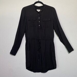 Lou & Grey Womens XS Black Dress Drawstring Waist Roll Tab Sleeve Pockets Casual
